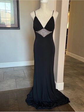 Mac Duggal Black Spaghetti Strap Evening Gown with Crystal Mesh Accent